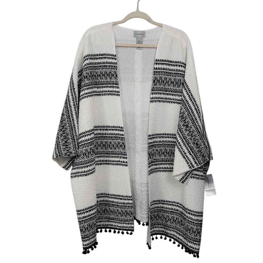 NWT Catherines Black‎ White Crinkle Kimono Cardigan Poncho Sz 3X Open Pompom Hem